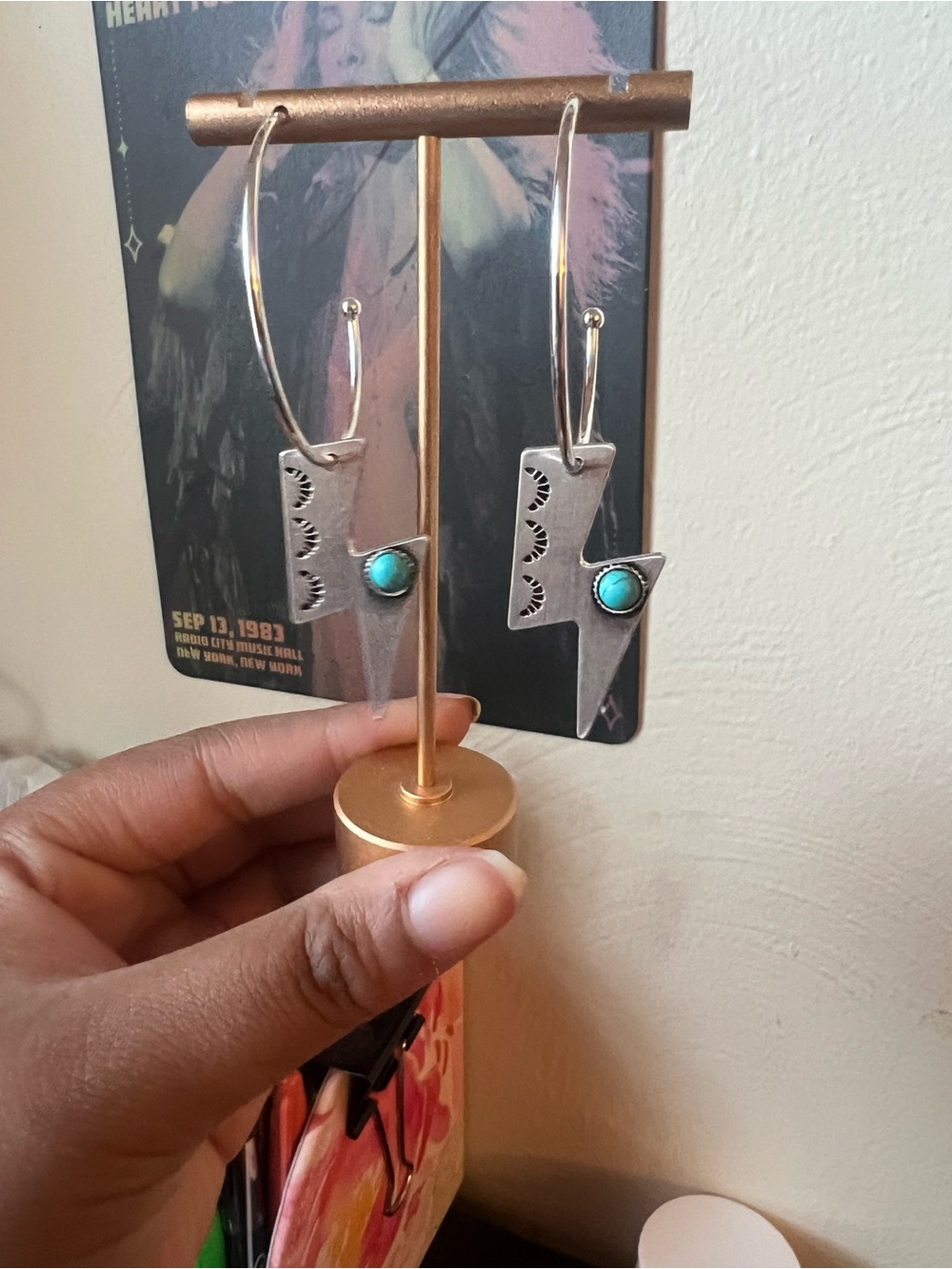 Turquoise Accent Silver Lightning Hoop Earrings - Women Jewelry